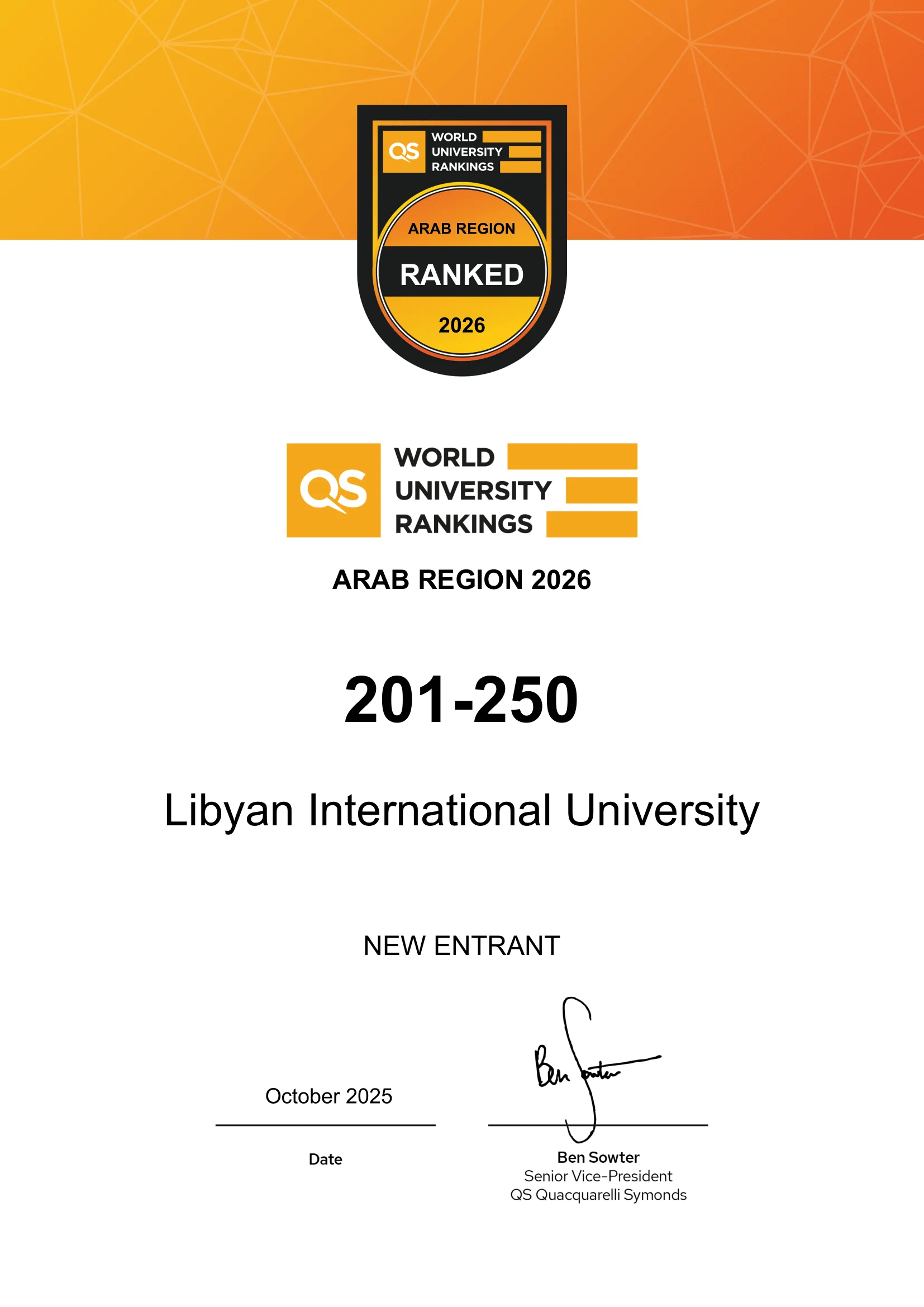 Libyan International University Ranked Among the Top 300 Universities in the Arab World According to QS 2026 Rankings